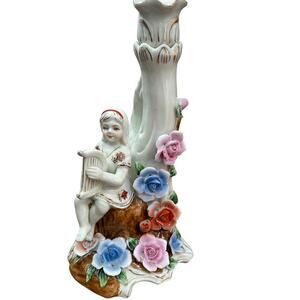 Vintage Antique Dresden Large Figural Porcelain Candlestick Girl Harp Flowers